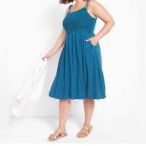 NWT $79 Lane Bryant Crochet-Front Blue/Teal Dress With Tie Shoulders, Size 14